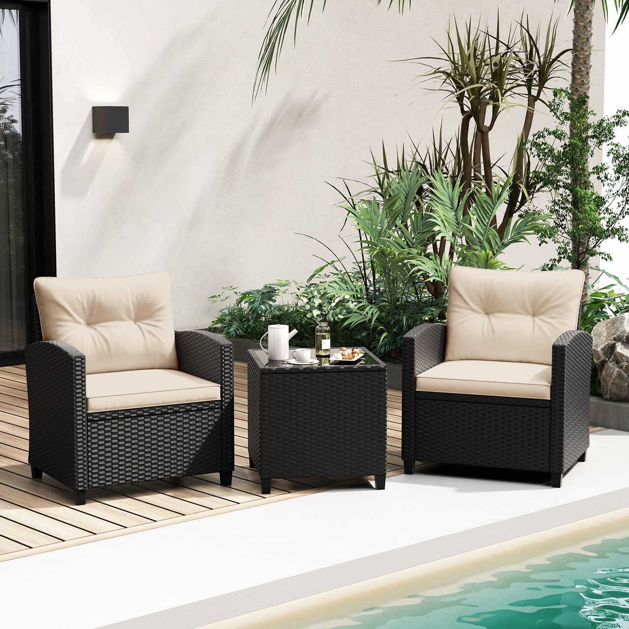 3-Piece PE Rattan Outdoor Furniture Set with Tempered Glass Table and Cushioned Armchairs